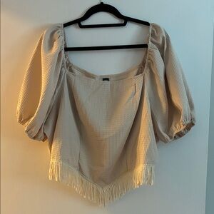 SHEIN Beige Puff Sleeve Blouse with Fringe